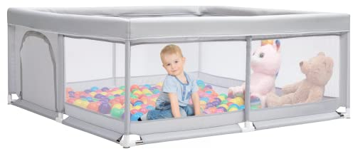 BEJOY Laufstall Baby Laufgitter 150 cm, Kompakt und Stark, Schaumstoffschutz, Rutschfester mit Transparentem, Atmungsaktivem Netz, Reißverschluss für Babys und Kleinkinder, Indoor & Outdoor