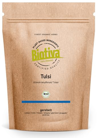 Ekologiskt Tulsi-te, gnidet, 100 g - Indisk basilika - Ocimum Tenuiflorum - Helig basilika - Vegansk - Buteljerat och inspekterat i Tyskland - Biotiva)