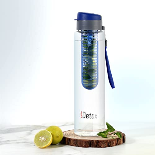 CELLO Botella de agua de vidrio con infusor de frutas y té, tapa ancha sellada con tapa abatible, a prueba de fugas y duradera, ideal para gimnasio, oficina, viajes, 750 ml, color azul