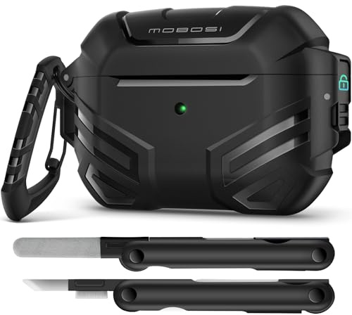 MOBOSI Custodia per AirPods Pro 2 con serratura, compatibile con custodia Airpod Pro di 2a/1a generazione, custodia protettiva di grado militare con kit di pulizia e portachiavi da uomo (2023/2022