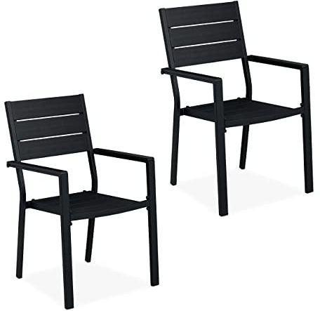 Relaxdays Set da 2 Sedie da Giardino, HLP: 90x53,5x59 cm, Poltrone con Braccioli da Esterno, in Plastica e Acciaio, Nero