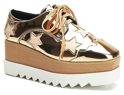 Mode for Femmes en Cuir Verni Oxford Chaussures Bout Carré À Lacets Talons Hauts Plate-Forme Baskets Compensées Chaussures Plates Décontractées (Color : Champagne, Size : 38)