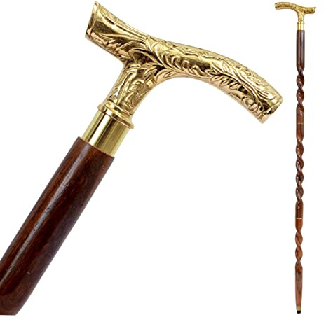 Gehstock – Herren-Derby-Stöcke und Holz-Gehstock für Damen und Herren – 94 cm, braunes Ebenholz, Messing, T-förmiger Griff in Goldton, Naturholz, Unisex-Stock 01