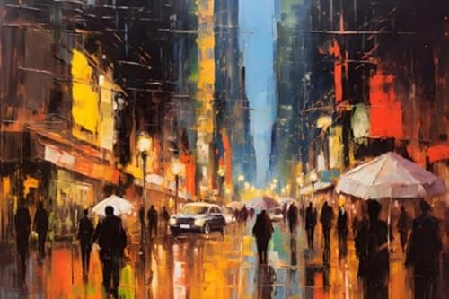 Acryl-Bild 110 x 70 cm: Buntes abstraktes Gemälde von Menschen, die nachts auf der Straße spazieren. (211660443)