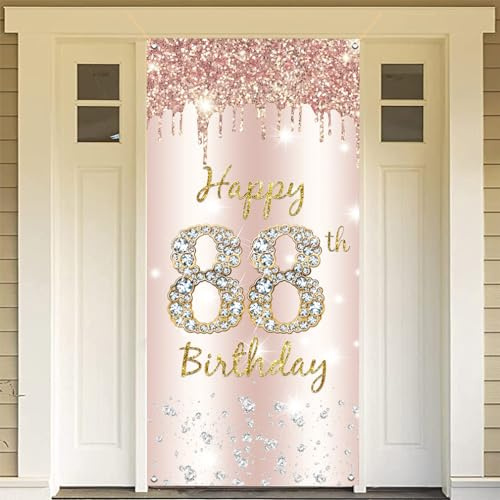 88. Geburtstag Deko Frauen, Happy 88th Birthday Door Banner Roségold Stoff Schild Plakat Türdekoration, 88. Geburtstag Hintergrund Banner Damen, Geburtstagsfeier Willkommensschild