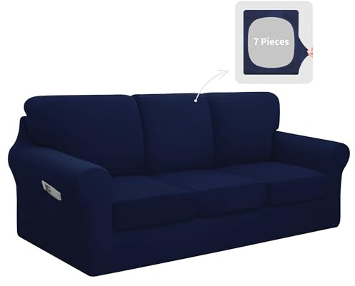 Easy-Going 7 Pieces Stretch Couch Cover Washable Sofa Cover Set for 3 Backrest and Seat Cushion Couch Anti-Slip Sofa Slipcover Furniture Protector with Elastic Bottom (Large, Navy)