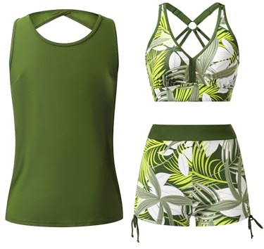 SERENYOU Tankini Damen Dreiteilig Bademode Set Sportlich Badeanzüge Oberteil mit Badeshorts Grün XL