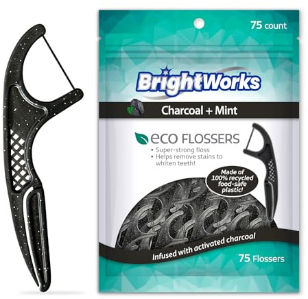 Brightworks ECO Sustainable Floss Picks - 225 Count - PFAS Free - Made in USA Charcoal + Mint Infused 100% Post-Consumer Recycled Plastic with Micro-Crystals for Oral Care Hygiene Gum Health