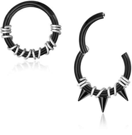 Lantine 2 Stück 16g Septum-Piercing Schwarz/Stahlfarbe Scharnier-Segment-Clicker Daith Piercing Chirurgenstahl Conch Tragus Rook 8mm 10mm