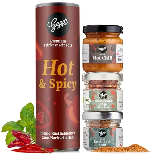 Gepp’s Feinkost Gewürzset Chili I Geschenkidee für Schärfe-Liebhaber | Feinkost Gewürze I Mit Knoblauch-Chili-Salz, Chiliflocken & Hot-Chili Senf I Chilli Grillgewürz I Burger-Gewürz
