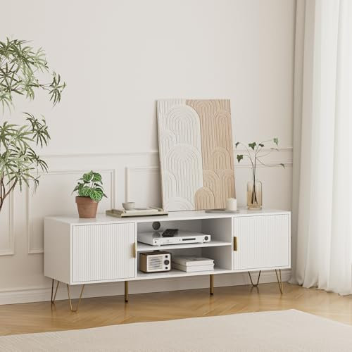 HEYZOEY TV Schrank, Lowboard für TV bis 60 Zoll, 2-türiges TV Board mit Schränken für Wohnzimmer (Weiß, 137 x 38 x 48 cm)