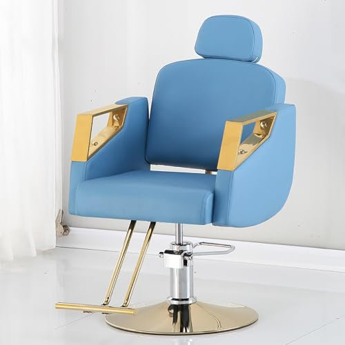 LLKUYTB Friseurstuhl Mit Kopfstütze,Friseursessel Salonstuhl Kippbar Höhenverstellbar 360° Drehbar, Bedienungsstuhl bis 150kg belastbar, für Barbershop Salon blue