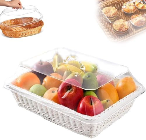 Wicker Storage Basket with Acrylic Lid Woven Food Basket for Serving Rattan Vegetable Basket with Lid Wicker Bread Basket for Kitchen Organization (White 02)