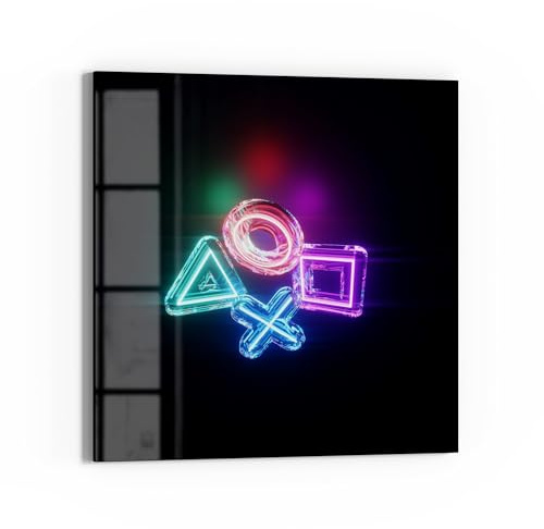 DEQORI Glas-Magnettafel | 50x50 cm cm groß | Motiv Neon Gaming Symbole | Memo-Board aus Glas | Magnetboard inkl. Magnete, Stift & Tuch für Küche & Büro | Tafel magnetisch & beschreibbar
