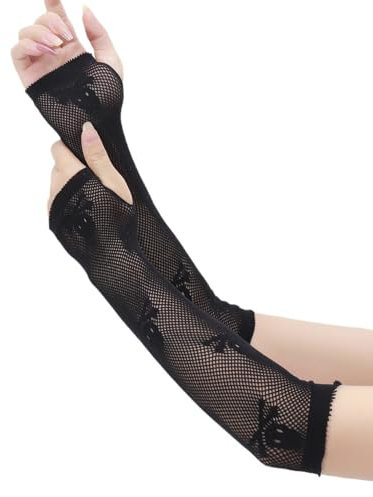 DINSOAVR Handschuhe, Halloween-Thema, Totenkopf-Muster, elastische Braut-Etikette, fingerlose Handschuhe, Nachtclub, Singen, Tanzen, siehe abbildung, Length: 32cm