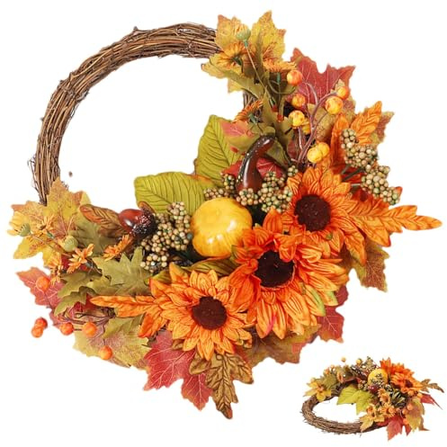 Ghirlanda autunnale – Decorazione per il raccolto del Ringraziamento, corona per porta d'ingresso, ghirlanda di zucca d'acero con girasoli e bacche, belle decorazioni per interni ed esterni, da