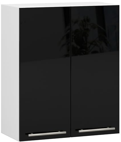 AKORD | Armoire de Cuisine Suspendue - Oliwia W60 | Meuble avec 2 Portes et 2 Étagères | Armoire de Rangement | 60x30x72 cm | Blanc | Noir Brillant