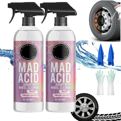 Mad Acid-Mad Acid Glass Cleaner, Mad Acid Heavy-Duty Wheel Cleaner, Water Spot Remover for Cars, For Glass, Chrome, Paint, Vehicle Emblems,Mag Wheels, Car Detailing (2PC-8 oz)