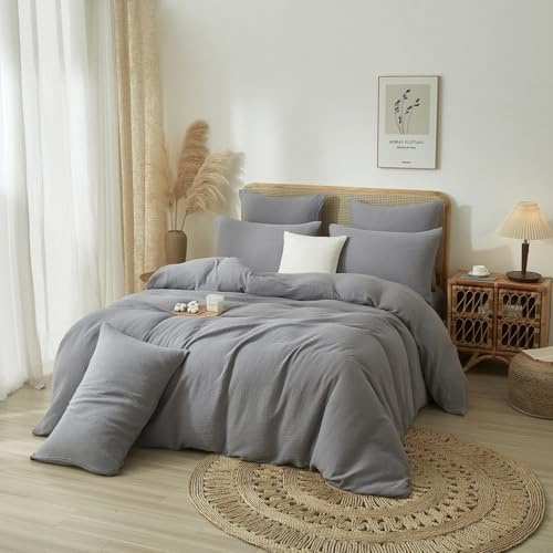 Luowei Ropa de cama de muselina mullida, 155 x 220 cm, gris, 100 % algodón, cómoda y transpirable, juego de ropa de cama de verano con absorción del sudor y 2 fundas de almohada de 80 x 80 cm