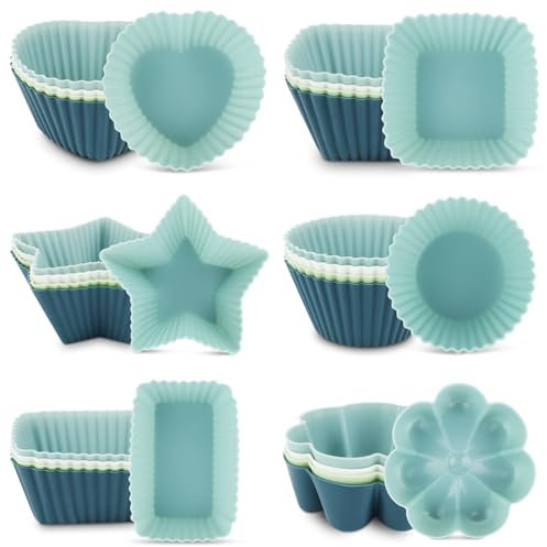 24 Stück Muffinform Silikon, Silikon Muffinförmchen 6 Formen, Muffin Backform - Wiederverwendbar, BPA-Frei, Antihaftbeschichtung, Silikon Backform Geeignet für Kuchen, Cremes Und Puddings(4 Farben)