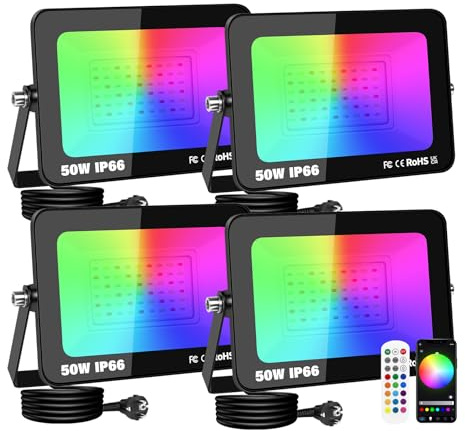 RIGIDON 4 x Projecteur Led RGB Exterieur, 50W 5000LM Projecteur Led RVB | App & Télécommande, Changement de Couleur RGBW, Minuteur, Musique pour Jadin Terrasse Patio Disco Décorations, IP66 étanche