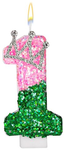 Rosa und Grüne Geburtstagskerze, Rosa und Grüne Pailletten Zahlenkerze mit Strass-Kronenverzierung für Geburtstagsfeier Hochzeit Jubiläum Dekoration(Nummer 1)