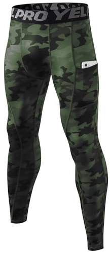 Yuerlian Leggings a compressione da uomo, leggings da corsa, pantaloni da palestra con tasche, freschi e asciutti, per allenamento, sport, palestra, yoga, calcio, ciclismo, Verde mimetico., XL