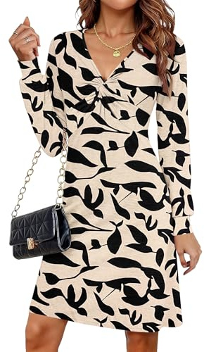 MOLERANI Dresses for Women UK V Neck Long Sleeve Casual Plain Midi Dress Knotted Front Dresses Apricot Black Leaf M No complimentary Belt