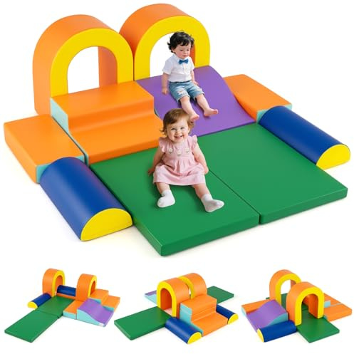COSTWAY 10PCS Module Motricité Bébé avec Toboggan & Escalier, Parcours Motricité Bébé en Mousse avec Housse en Cuir & Bandes Agrippantes, Jouets Éducatifs pour Enfants d'Âge Préscolaire (Orange)