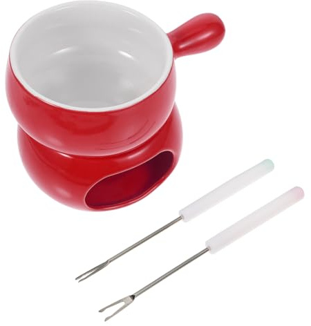 Luxshiny Fondue De Cerámica para Chocolate y Queso De 1 Mango, Base Roja, Resistente a Altas Temperaturas, Casa y Restaurante, Juego 2 Tenedores