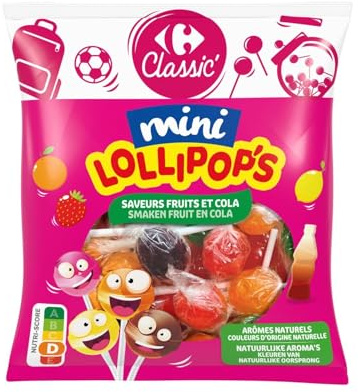 CARREFOUR CLASSIC' – Bonbons Sucette aux Saveurs Fruits et Cola, Plaisir Gourmand à Partager (Sachet 180g) - Le Lot De 4