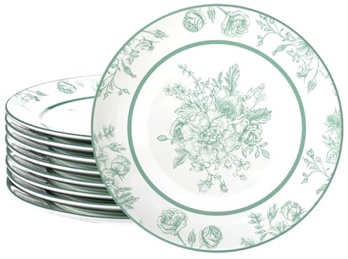 Jinei 8 Pcs Green Floral Salad Plates Dinnerware Set Chinoiserie Ceramic Round Dessert Serving Plates 8 Inch Dinner Serving Tableware for Kitchen, Microwave Oven Dishwasher Safe