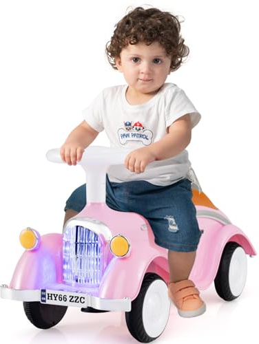 GOPLUS Kinder Rutschauto, Retro Classic Schiebeauto, Kinder Rutschfahrzeug mit Lenkrad, Hupe, LED-Scheinwerfern & Stauraum unter dem Sitz, Laufwagen für Jungen und Mädchen 19-36 Monate (Rosa)