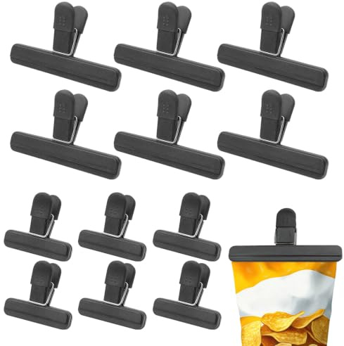 12 Pcs Food Clips 2 Sizes, Reusable Bag Clips for Food Storage and Keeping It Fresh, Sturdy, Airtight Freezer Bag Clip, Ideal for Home Kitchen Office Camping Travel Coffee Snack (Black)