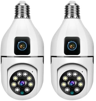 DIKAMAN Cámaras de Seguridad, Cámara CCTV 4K PTZ con WiFi, Lente Dual, Pantalla, Bombilla E27, cámara de videovigilancia Seguridad Tuya Smart Life, Seguimiento automático Humano Ai(CAM No Card x2)