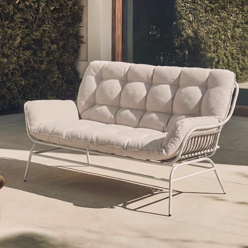 Mendler 2er-Sofa HWC-P75 Stoff - hellgrau, Polster beige | Gartensofa, Gartenbank, Couch, 2-Sitzer, 220g/m², Poly-Rattan, Metall