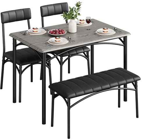 Crevyteg Dining Table Set for 4, Kitchen Table with Upholstered Bench and 2 Chairs, 4-Piece Wooden Dining Table Set for Apartment, Dining Room, Small Space, Grey