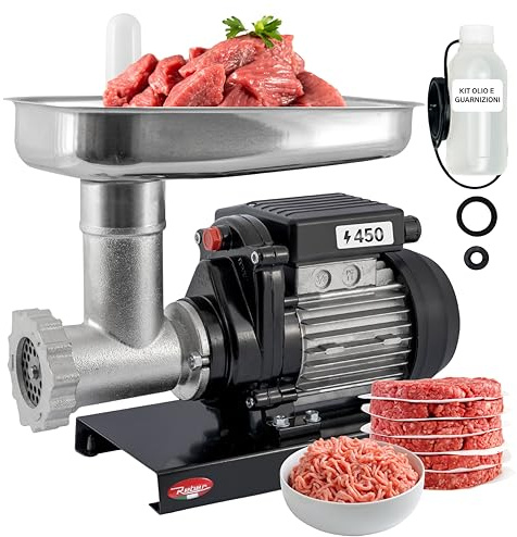Reber Tritacarne Elettrico N.8 450W per Macinare Carne e Preparare Salsicce | Corpo in Ghisa Stagnata, Coltello e Piastra in Acciaio Inox – Motore a Induzione per Uso Continuo