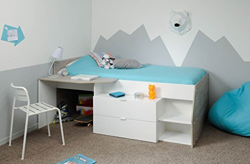 MILKY Jugendbett Kinderbett 120 x 60 cm mit 2 Schubladen und Schreibtisch, Jugendzimmer Kinderzimmer, Spanplatte, weiß, 135 x 203 x 90 cm