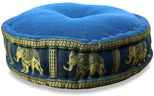 livasia Meditationskissen mit Thaiseide - Ø 45x15cm - Yogakissen mit Kapok, Pouf, Bodenkissen für Yoga und Zen Meditation, Sitzkissen für Garten und Balkon, Zafukissen (Hellblau/Elefanten Seide)