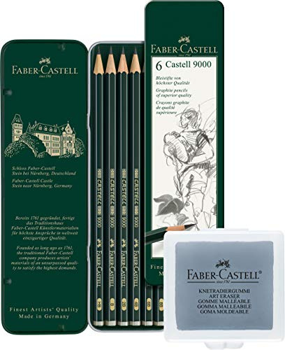 Faber-Castell 119063 Bleistift Castell 9000, 6-er Etui + Knetgummi/Knetradierer