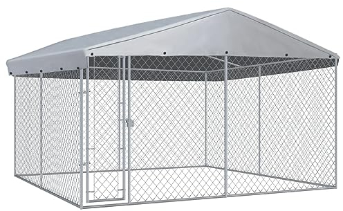 vidaXL Outdoor-Hundezwinger mit Überdachung, Grau, 382x382x225 cm