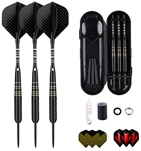 sanfeng Professional 3 Pack 23 Grams Steel Tip Darts Set With Brass Barrel, Black Aluminum Shafts 9pcs Standard Flights + 50pcs Rubber O-Rings + 12pcs Spring Rings + 1pcs Dart Sharpener Tool