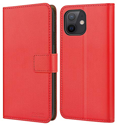 HOOMIL Handyhülle für iPhone 12 Mini, Premium Leder Klappbar Hülle, mit Kartenfach & Standfunktion, Unterstützt Kabelloses Laden - Rot