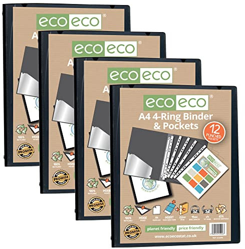 eco-eco A4 65% recyceltes Präsentationsbuch mit 4 O-Ringen, 12 mehrfach gelochten Hüllen, 22 mm Rücken, 4 Stück, schwarz, eco046x4