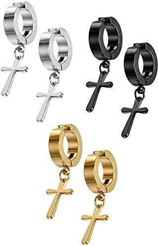 LTZB Pendientes de hombre mujer unisex sin agujero de acero inoxidable con colgante cruz pendientes de aro ?3 pares?