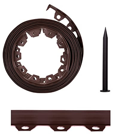 Lawn Garden Edging Border with Heavy-Duty Ground Stakes 32ft | 10m Brown 4CM High Flexible Flower Bed Edge and Reinforced Plastic Pegs, Professional Landscape Dividers, All Weather Resistant