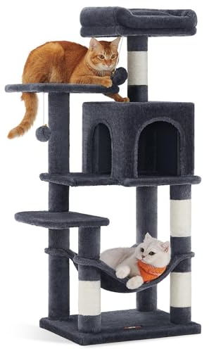 Feandrea Árbol para Gatos, Altura 112 cm, Torre de Gatos, con 4 Postes Rascadores, 2 Plataformas, 1 Cueva, 1 Hamaca, 2 Pompones, Tela de Felpa, Multinivel, Gris Ahumado PCT261G01