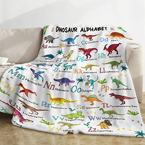 Kuscheldecke Dinosaurier Kinder, Dino Alphabet Decke, Weich Flanelldecke Dinosaurier, Warm Plüsch Fleece Wohndecke Jurassic Dino Thema für Teenager Jungs Mädchen Geburtstagsgeschenke Sofa, 130x152cm