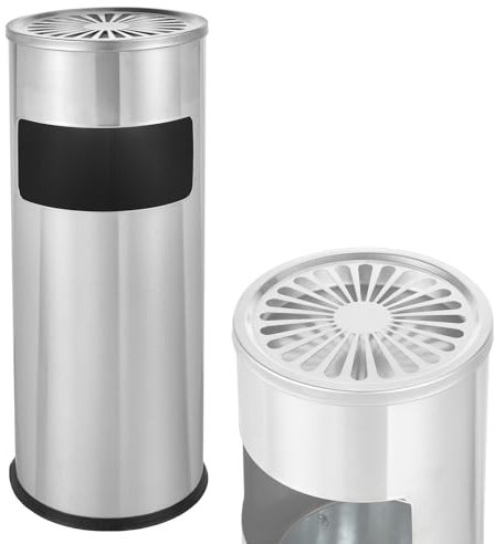 IRONWALLS Bote de basura comercial con tapa, cubo de basura redondo de acero inoxidable, 9.8 pulgadas de profundidad x 24 pulgadas de alto, contenedor de basura para interiores y exteriores,